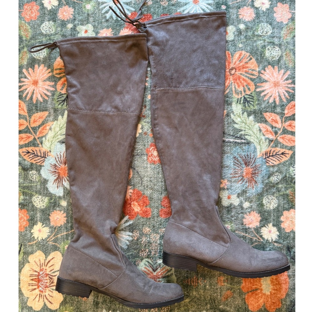 Unisa Uncaegana Grey Faux Suede Over The Knee‎ Boots Womens 9M Flat Tie Top